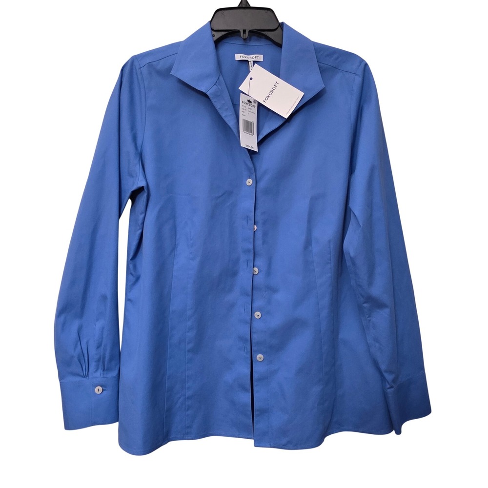 Foxcroft Katie Cornflower Blue Cotton Button Down Shirt 8 Long Sleeve 200627